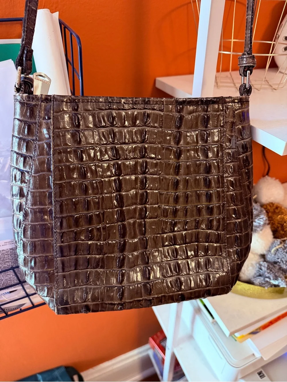 BRAHMIN Brown Croc-Embossed Leather Crossbody with Tassel Charm